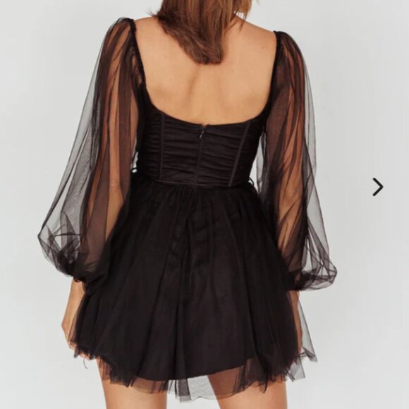 NWT Black Tulle Mini Dress with Sleeves - Picture 2 of 3